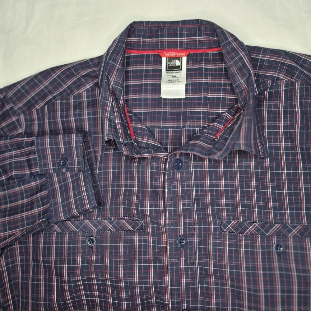 The North Face Men's Shirt Medium Navy Plaid Long Sleeve Button Down Casual